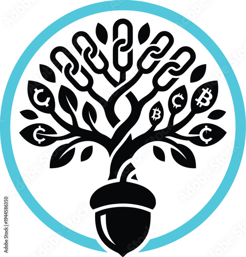 Blockchain technology growth tree with currency icons and chain links symbol in circular frame