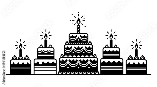 A black and white illustration of multiple decorated birthday cakes with lit candles, perfect for celebrations and party themes, conveying joy and festivity.
