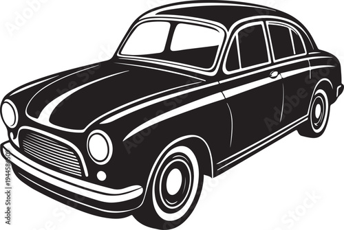 Classic vintage car silhouette, retro sedan with stripes, isolated on transparent background