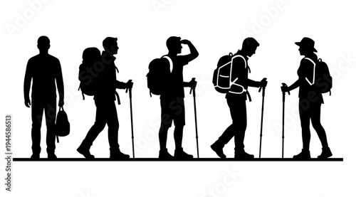 A group of hikers in black silhouette walking in a line on a white background, each with a backpack and some with trekking poles, conveying a sense of adventure and journey.