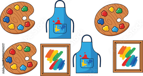 Artist Tools and Supplies Collection Featuring Paint Palettes, Aprons, and Colorful Paintings in Frames