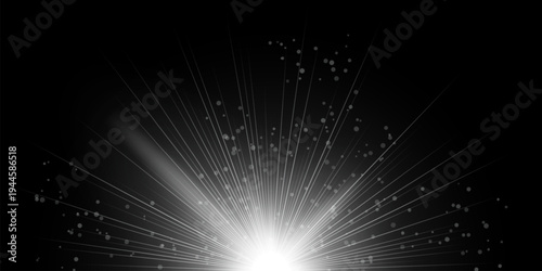 Abstract light burst White radiant center emitting numerous thin rays outward across black background, scattered circular particles, soft glow gradient, dramatic illumination, dynamic explosion effect