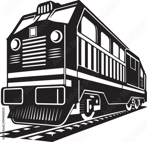 Diesel train engine silhouette, front view, industrial locomotive on tracks, transparent background