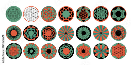 Flower of Life, Yantra Mandala seed of life, Sacred Geometry, symbol of harmony and balance. Mystical circle talisman, set collection, retro style vector isolated on white background. vector icon