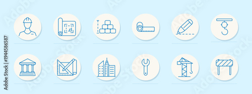 Construction industry set icon. Blue outline badges, worker helmet, blueprint roll, brick wall, tape measure, pencil, hook, courthouse, drafting tools, skyline, wrench, crane, barrier.