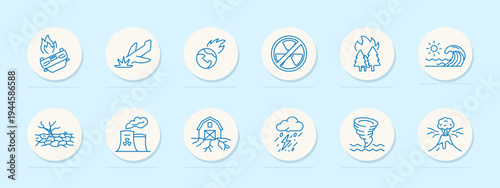 Natural disasters set icon. Line badges with burning log, falling leaf, flaming globe, no flame, forest fire, sun wave, drought cracks, toxic factory, damaged house, thunderstorm, tornado, volcano