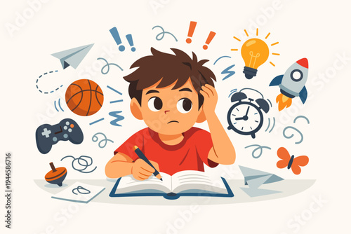 Vector Illustration of a Young Boy with ADHD Struggling to Focus on Homework Surrounded by Distractions Like Games, Sports, and Toys, Representing Neurodiversity and Learning Challenges in School