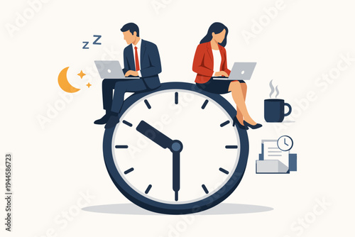 Business Man and Woman Sitting on a Large Clock Working on Laptops, Concept of Time Management, Overtime, Deadlines, Productivity, and Long Working Hours for Professional Corporate Employees