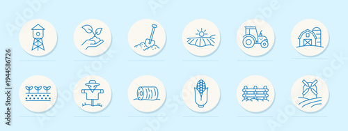 Agriculture farm set icon. Water tower, tractor, shovel, sunrise field, barn house, seedlings, scarecrow, hay bale, corn, fence outline collection.