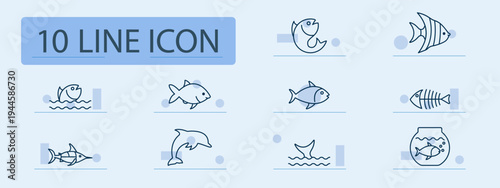 Marine life set icon. Fish, tropical angelfish, tuna, skeleton, marlin, dolphin, tail fin, aquarium bowl, ocean fauna, underwater world.