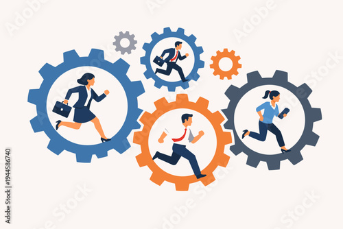 Flat vector illustration of diverse business people running inside interlocking gear mechanisms, symbolizing teamwork, corporate productivity, efficiency, business process, and synchronization.