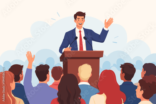 Confident male leader or public speaker in a blue suit giving an inspiring speech from a wooden podium to a diverse audience at a business conference or political rally, flat vector style.