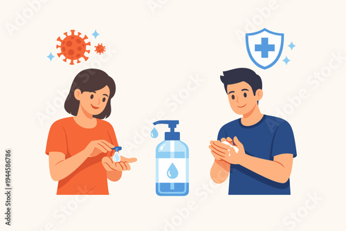 Vector Illustration of a Man and Woman Using Hand Sanitizer Gel to Prevent Coronavirus Infection, Hygiene Concept for Health Protection, Washing Hands with Alcohol Gel for Virus Prevention and Safety