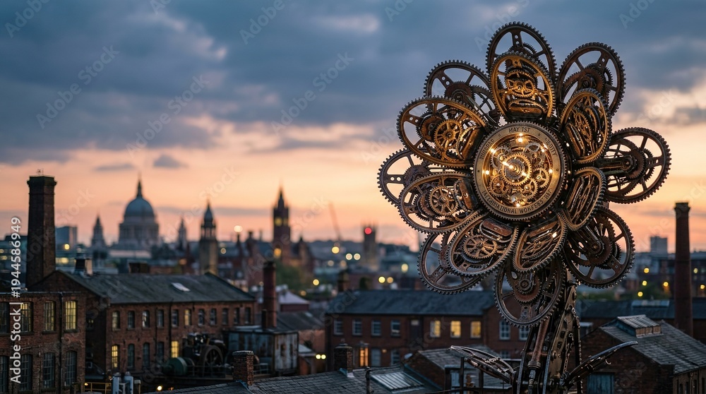 Obraz premium Intricate Steampunk Flower Sculpture with Gears, Urban City Skyline at Dramatic Sunset