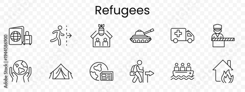 Refugees set icon. Outline migration symbols, passport luggage, border crossing, shelter house, tank, ambulance, barrier guard, globe support, tent camp, ID card, walking person, rescue boat