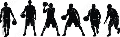 Basketball player silhouettes set, dribbling and holding ball poses collection, black sport athlete figures isolated vector for game design