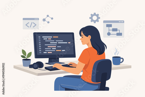 Female Programmer and Software Engineer Coding on a Desktop Computer in a Modern Workspace, Flat Vector Illustration of a Woman Developer Working on Web Development, App Programming, and Tech.