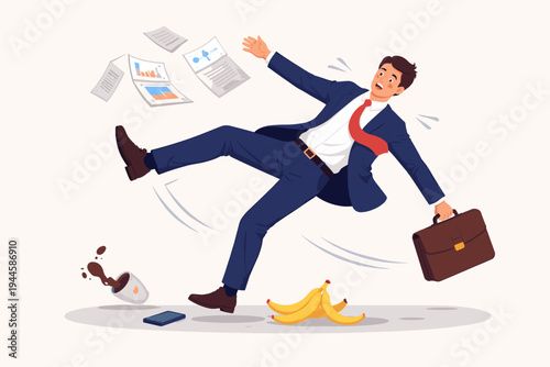 Businessman in a Blue Suit Slipping on a Banana Peel and Falling Down, Dropping Documents, Briefcase, Coffee, and Smartphone, Concept of Business Risk, Failure, and Unexpected Obstacles Vector.
