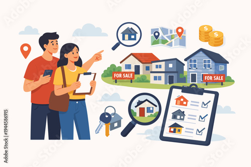 Young Couple Searching for New Home to Buy, Flat Vector Illustration of Real Estate Concept with House for Sale Signs, Map, Keys, Money, and Checklist for Property Investment and Mortgage.