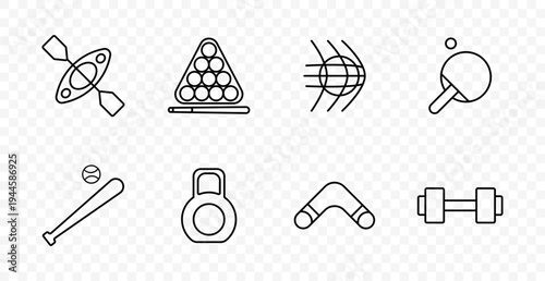 Sports set icon. Kayak, billiard, court lines, pingpong, baseball, kettlebell, boomerang, dumbbell, training, competition, fitness, recreation, hobby, active lifestyle