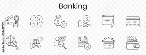 Banking set icon. Outline financial service symbols, growth chart card, currency exchange, money bag percent, hand coin, credit page, bank card, globe search, cash hand, client check