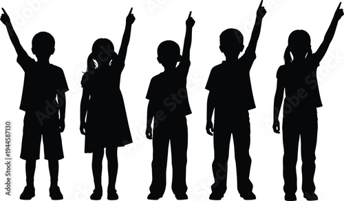 Children pointing up silhouettes set, kids standing with raised finger gesture collection, black child figures isolated vector