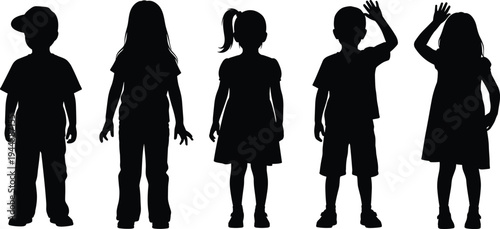 Children silhouettes collection, kids standing and waving poses set isolated black child figures vector illustration