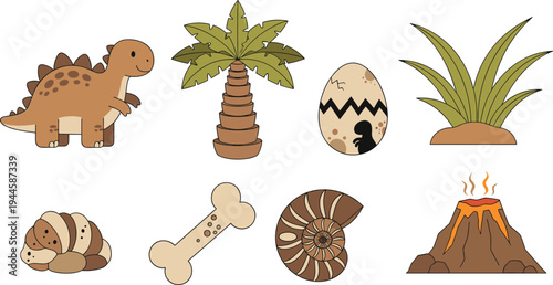 Dinosaur and Prehistoric Icons Collection Featuring Dino, Fossil, Volcano, Palm Tree, and Egg Illustrations