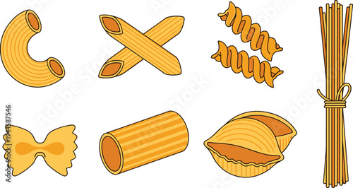 Italian Pasta Shapes Collection Featuring Macaroni, Fusilli, Penne, Farfalle, and Spaghetti in Different Styles