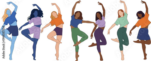 Diverse group of women in colorful sportswear performing graceful ballet dance poses, fitness and wellness concept, isolated vector, illustration