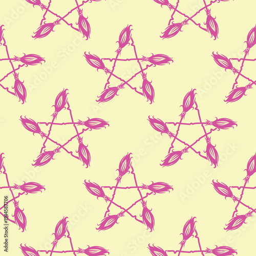 Silhouettes Magic symbols seamless pattern, with magical elements such as snake, eye, tarot cards, hand, skull, potion, moon, butterfly, mushrooms, stars. Witchcraft theme symbols and elements.