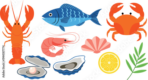 Seafood and Ocean Life Collection Featuring Lobster, Shrimp, Crab, Fish, Oysters, Shells, and Lemon