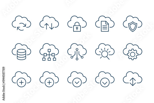 Comprehensive cloud computing line icons set for data storage, security, and network operations.