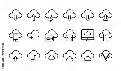 Set of cloud service line icons for data upload, download, mobile synchronization, and wireless network connectivity.