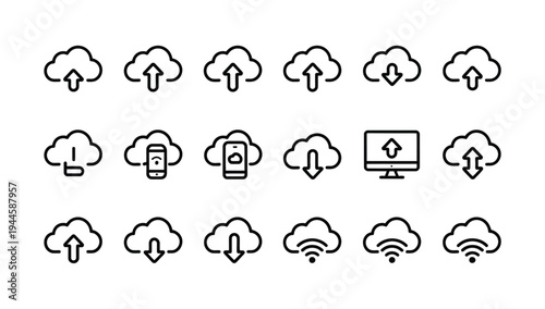Collection of cloud data upload, download, mobile synchronization, and wireless network line icons for digital services.