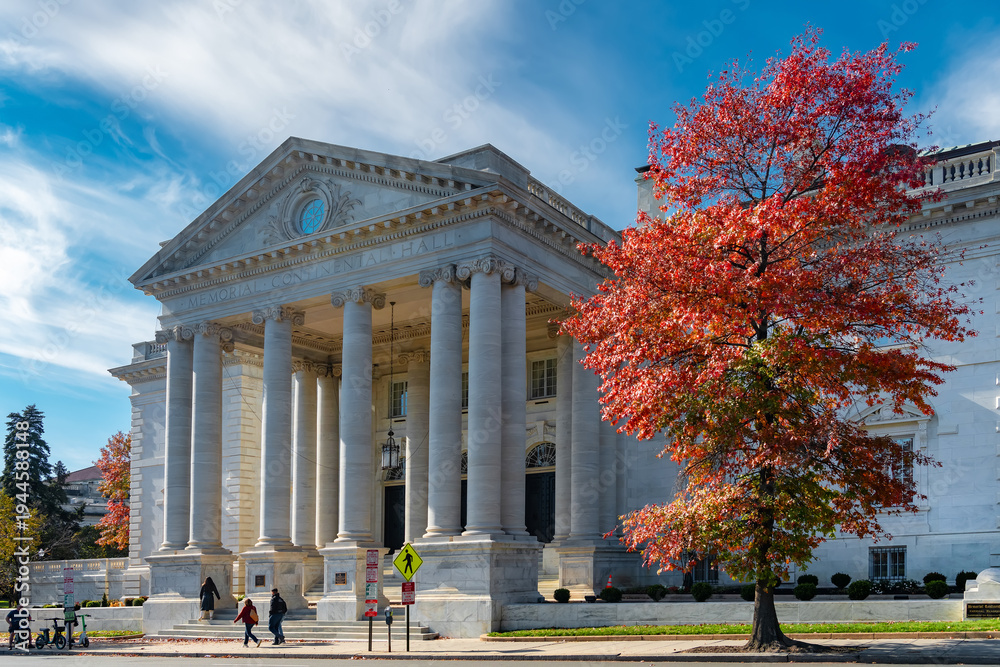 Obraz premium Monumental courthouse facade and colorful fall tree in Washington DC USA