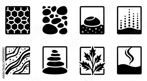 A set of black and white icons featuring various zen symbols and nature inspired designs on a clean white background, ideal for use in wellness and mindfulness related projects.