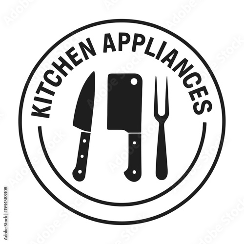 A simple black logo featuring kitchen utensils and appliances