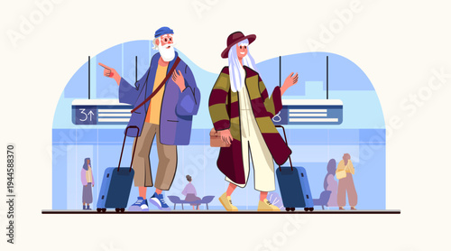 Senior couple airport travel adventure with luggage modern elderly tourists walking terminal background blue coats hats suitcase people flat
