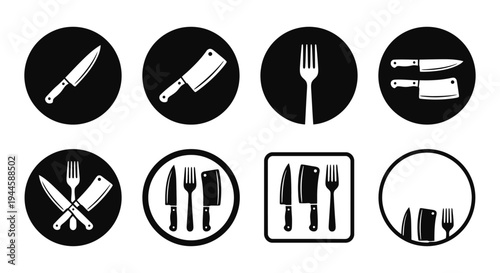 A set of kitchen utensil icons on a white background