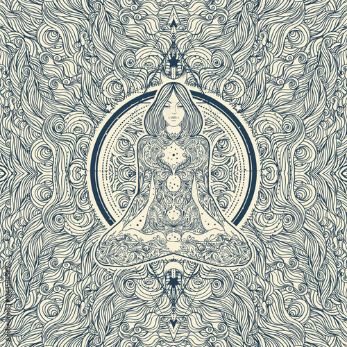 Tribal Goddess. Boho Girl over black and white ornate mandala. Vector ornate decorative illustration isolated on white. Buddhism esoteric motifs. Tattoo, spiritual yoga. Coloring book.