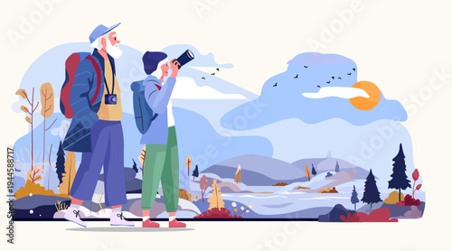Senior couple hiking nature landscape adventure outdoor exploration mountains forest birds backpacks camera sunset colorful scenery