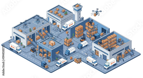 Pixel Art Logistics Hub: Warehouses, Trucks, Drone, Forklifts, Packages