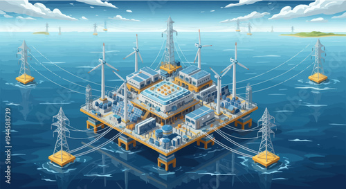 Offshore Wind Farm Platform with Substations and Power Lines in the Ocean