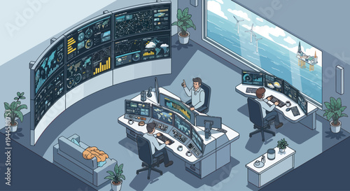 Control Room with Multiple Monitors Displaying Data and Wind Turbines, Isometric View