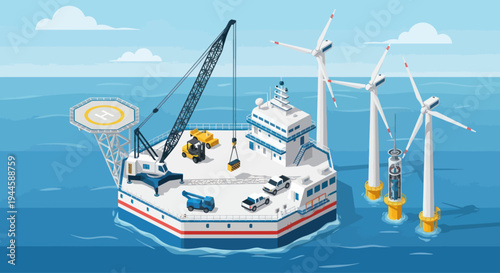 Offshore wind farm construction: crane vessel and turbines in the sea