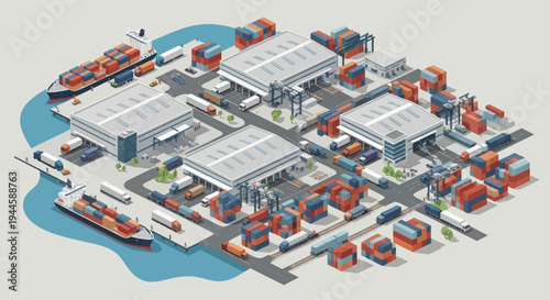 Isometric logistics hub with cargo ships, warehouses, and trucks, global trade concept.