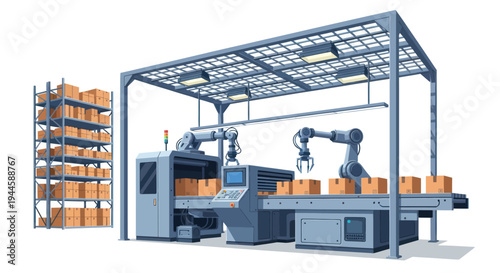 Automated warehouse robots assembly line with boxes and shelves
