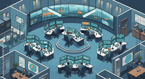 High-tech control room with multiple monitors and analysts monitoring operations