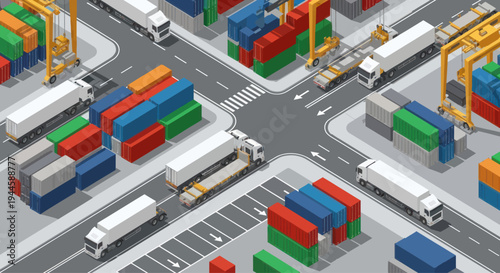 Isometric shipping containers and trucks at a busy port intersection, logistics and transport concept.
